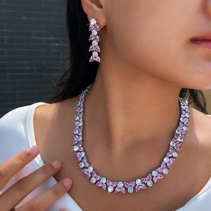 Party Brass Teardrop CZ Leaf Choker Necklace Earring Set - Image 4