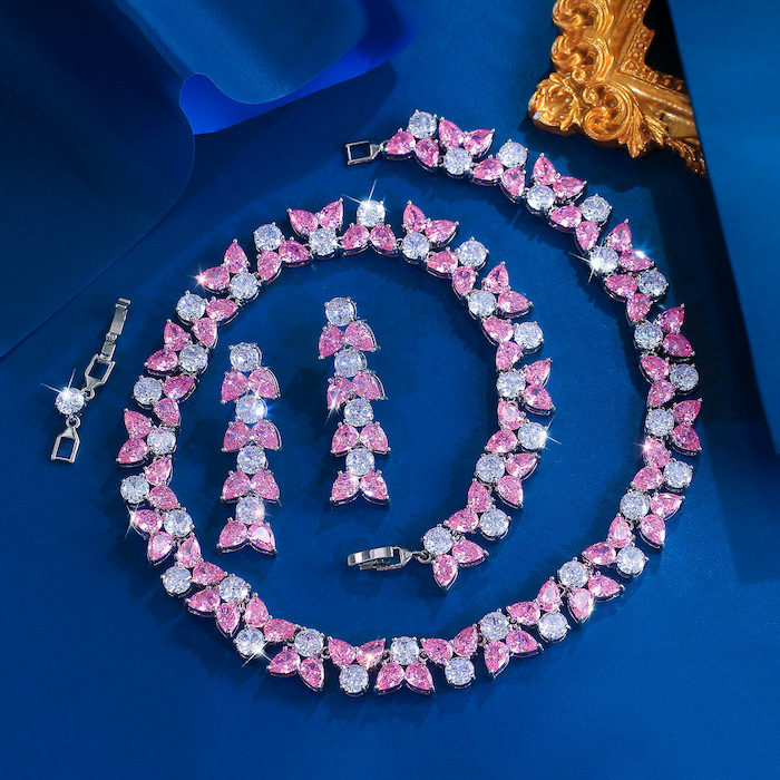 Party Brass Teardrop CZ Leaf Choker Necklace Earring Set - Image 2