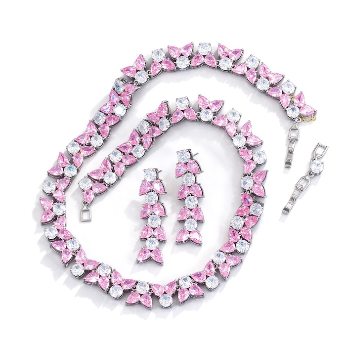 Party Brass Teardrop CZ Leaf Choker Necklace Earring Set