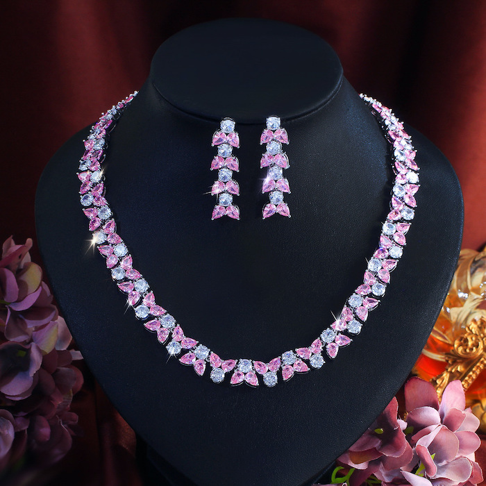 Party Brass Teardrop CZ Leaf Choker Necklace Earring Set - Image 3