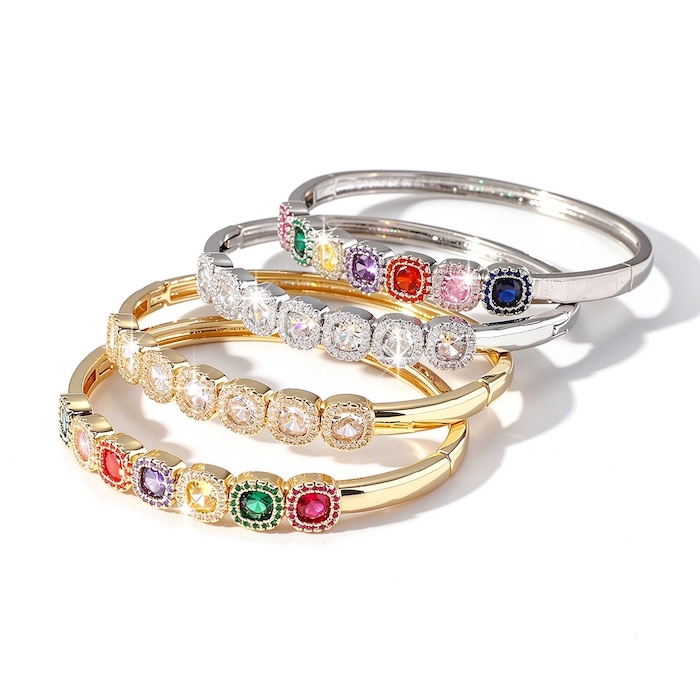 Factory Wholesales Brass Square Stones Hinged Bangle