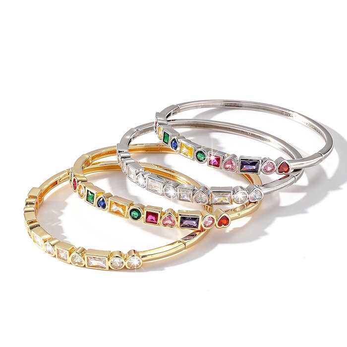Factory Wholesales Brass Geometric Heart Zircons Hinged Bracelet