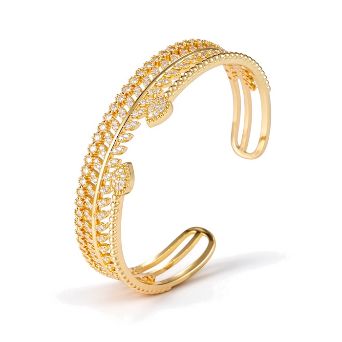 Wholesales Brass Geometric Hollow CZ Leaves Teardrop Cuff Bracelet