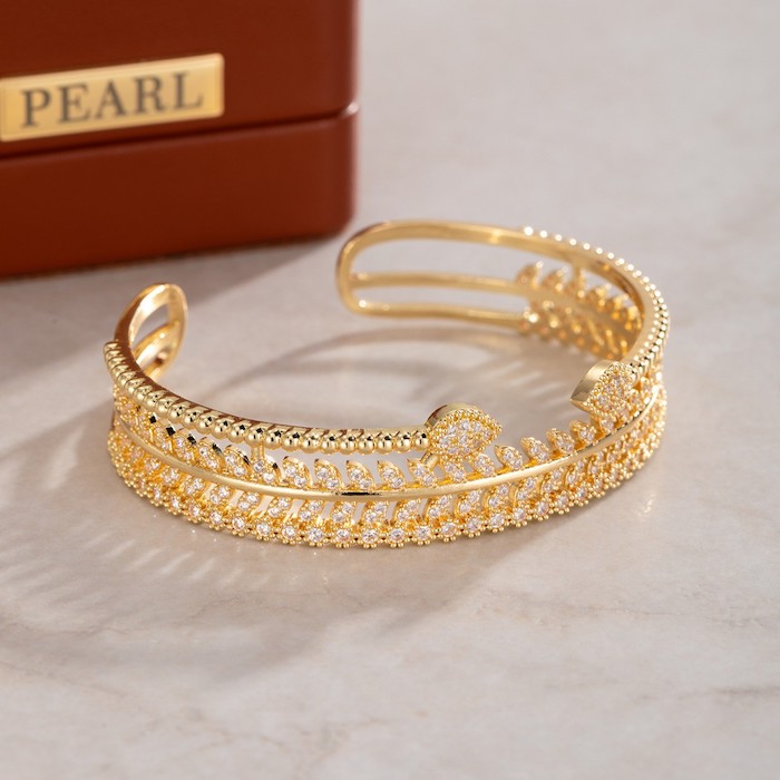 Wholesales Brass Geometric Hollow CZ Leaves Teardrop Cuff Bracelet - Image 3