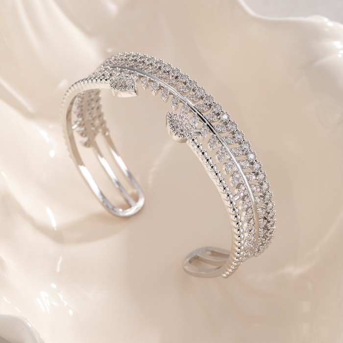 Wholesales Brass Geometric Hollow CZ Leaves Teardrop Cuff Bracelet - Image 2