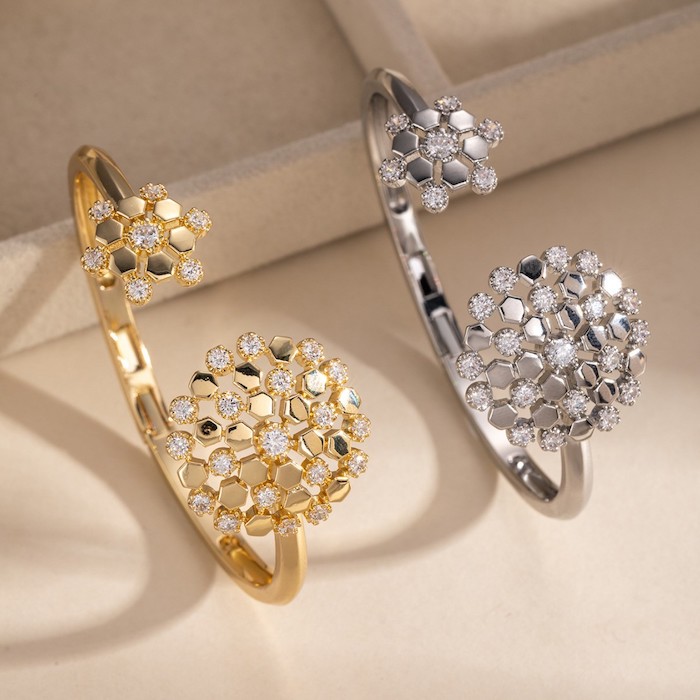 Wholesales 25mm Brass CZ Hexagon Flowers Cuff Bracelet - Image 3
