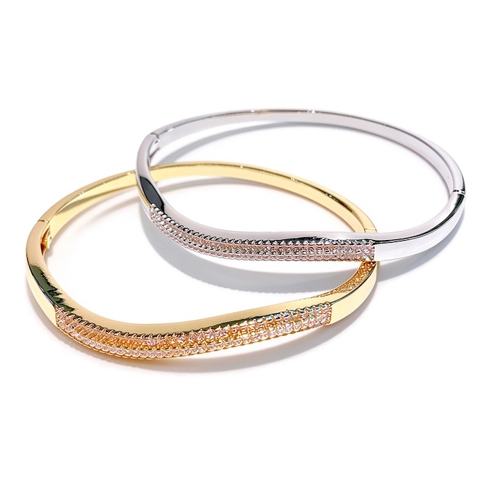 Wholesales 11.2g Layered Brass Diamonds Stripe Waves Hinged Bangle