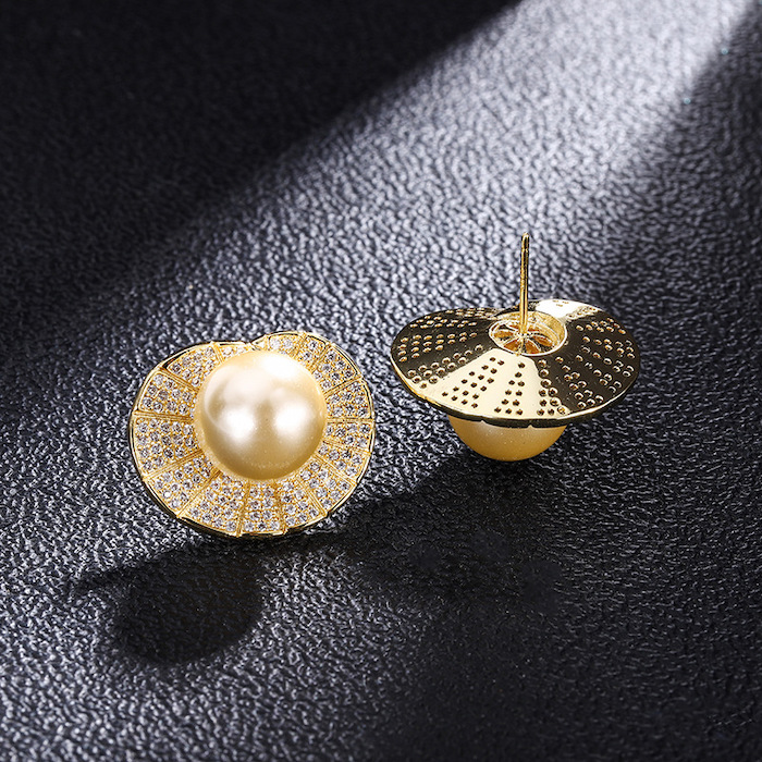 Factory Jewelry Brass Gold CZ Pearl Shell Stud Earrings - Image 3