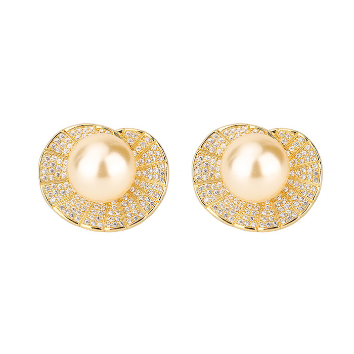 Factory Jewelry Brass Gold CZ Pearl Shell Stud Earrings