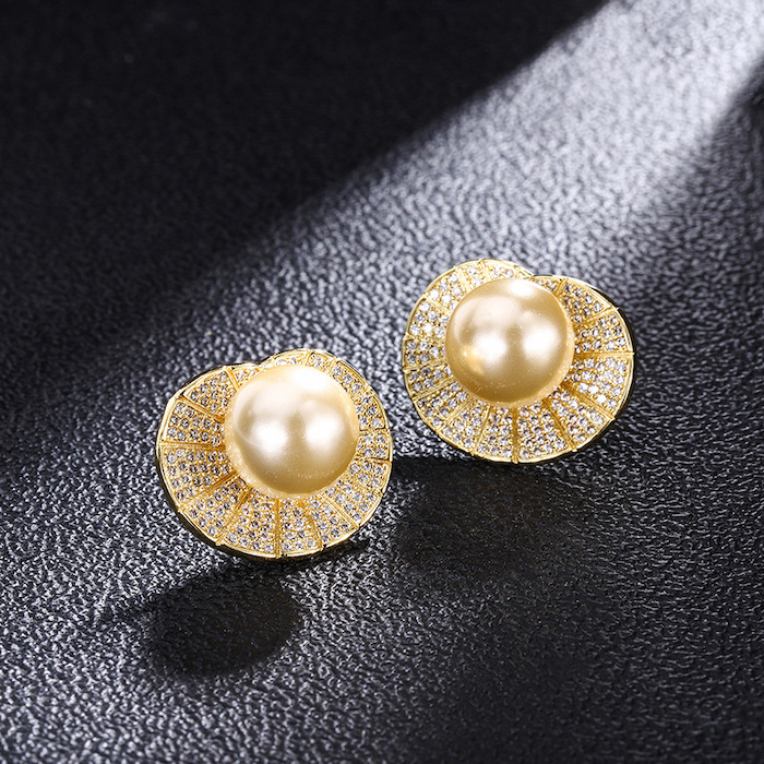 Factory Jewelry Brass Gold CZ Pearl Shell Stud Earrings - Image 2